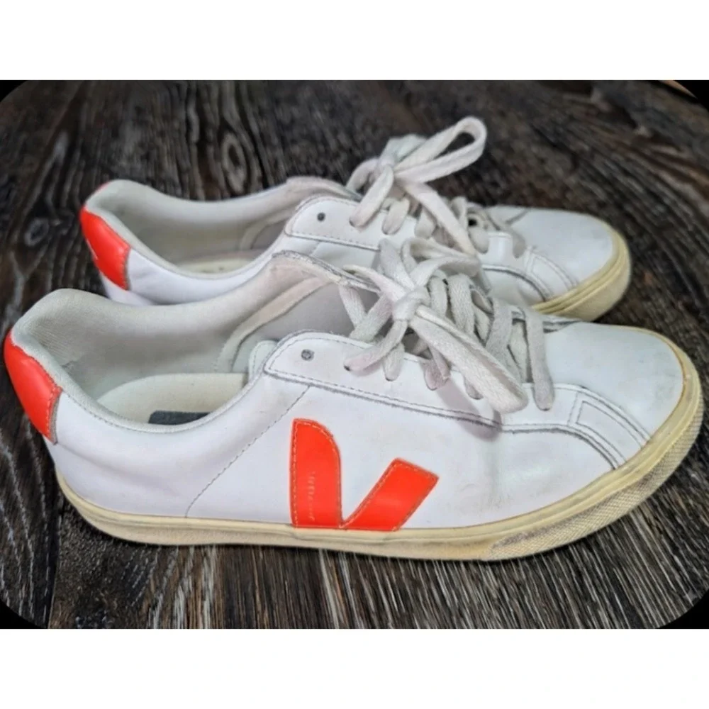 Veja Esplar White Orange Leather Low Top Sneakers Womens Size 7 EU 38